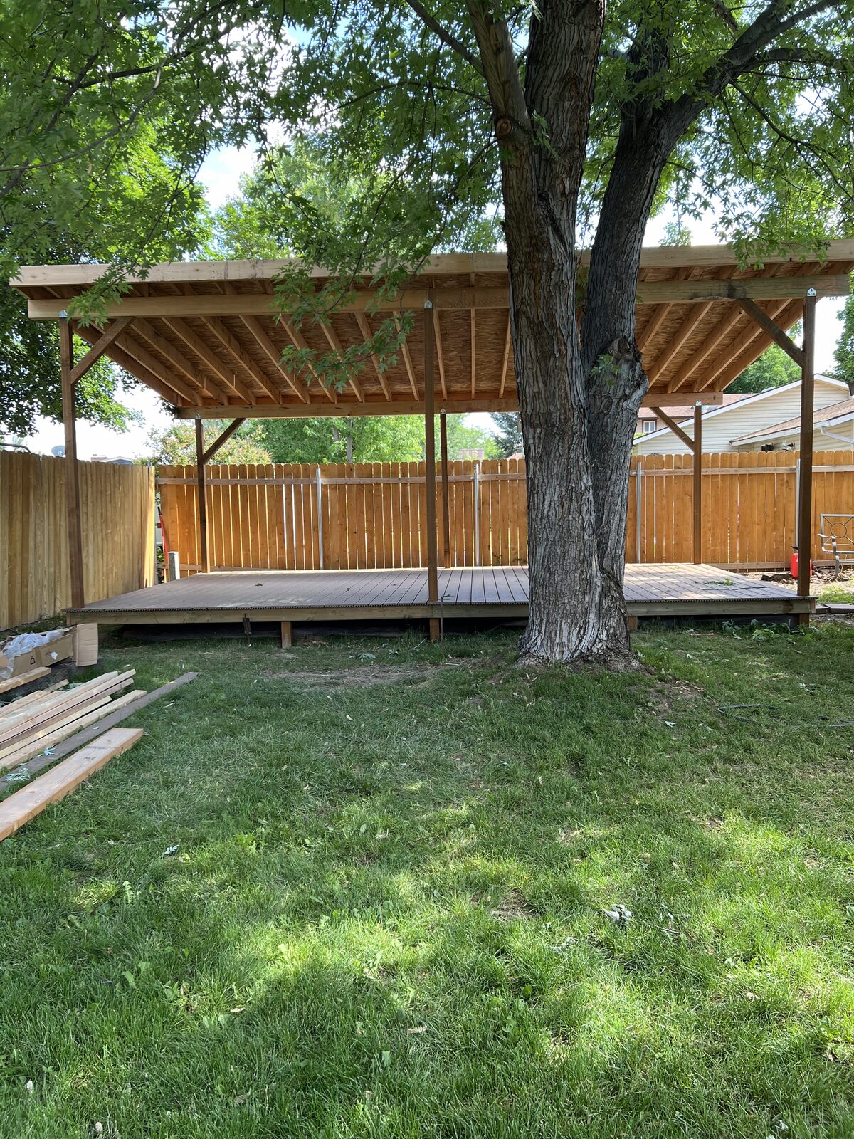 Finished cedar patio cover over a backyard deck in the Treasure Valley